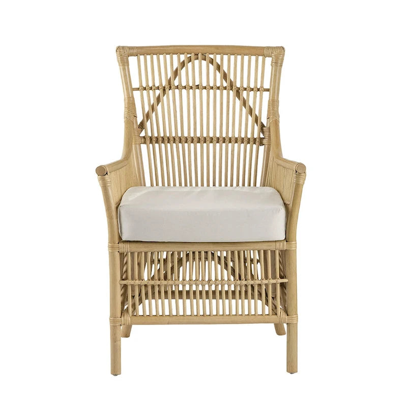 Poltroncina da pranzo in rattan marrone e bianco, seduta imbottita in tessuto, singola