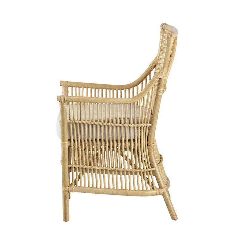 Poltroncina da pranzo in rattan marrone e bianco, seduta imbottita in tessuto, singola