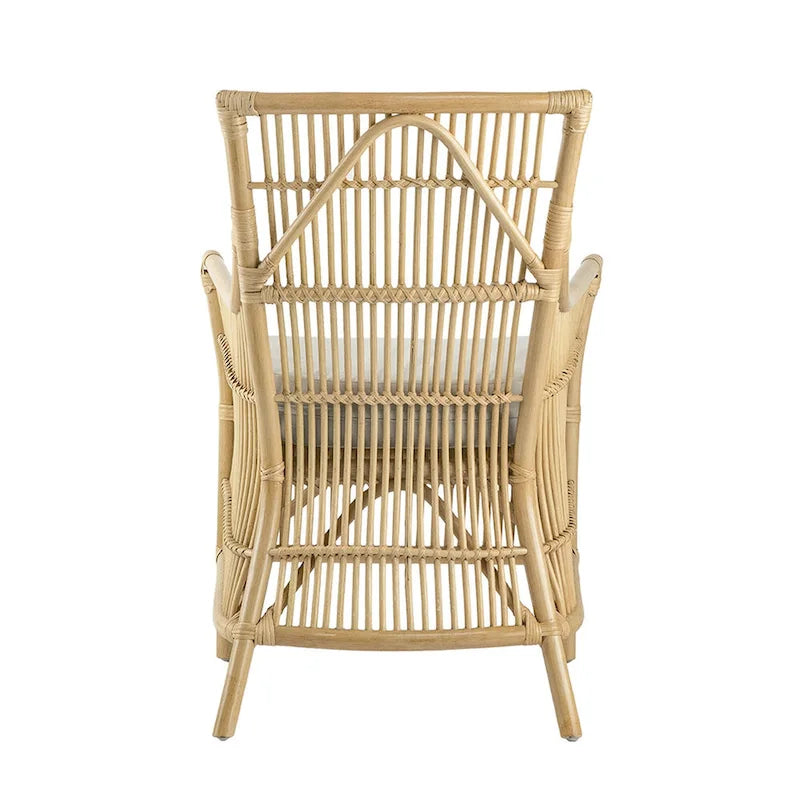 Poltroncina da pranzo in rattan marrone e bianco, seduta imbottita in tessuto, singola