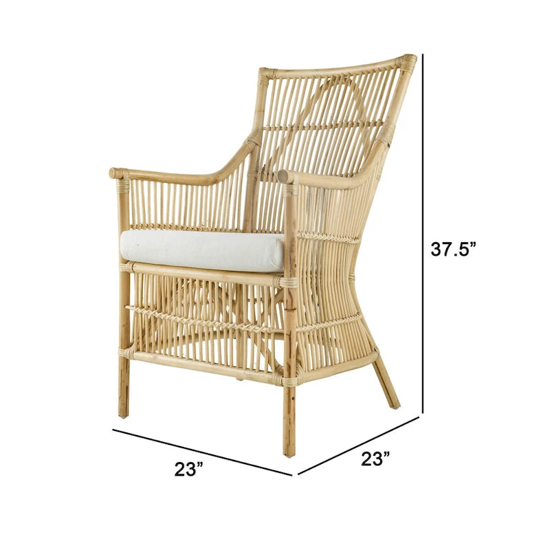 Poltroncina da pranzo in rattan marrone e bianco, seduta imbottita in tessuto, singola