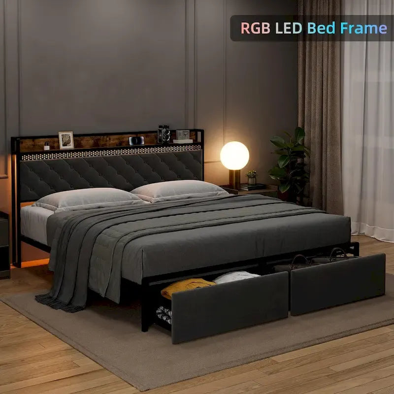 Struttura letto con testiera luci LED RGB e 2 cassetti portaoggetti