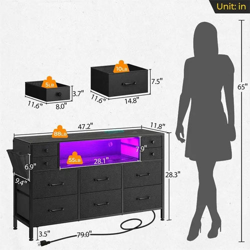 Cassettiera in tessuto nero/bianco a 10 cassetti con luci LED e prese di corrente – 1 persona