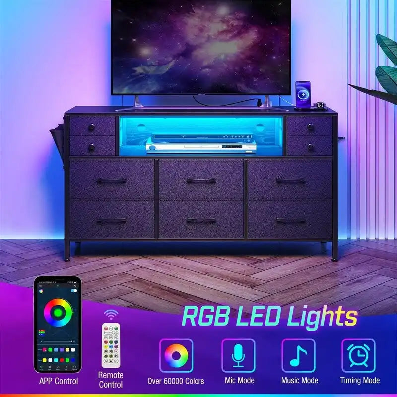 Cassettiera in tessuto nero/bianco a 10 cassetti con luci LED e prese di corrente – 1 persona