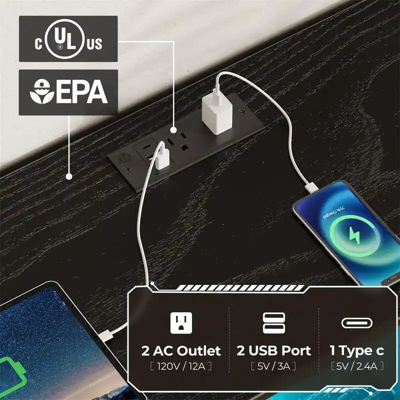 Cassettiera in tessuto nero/bianco a 10 cassetti con luci LED e prese di corrente – 1 persona