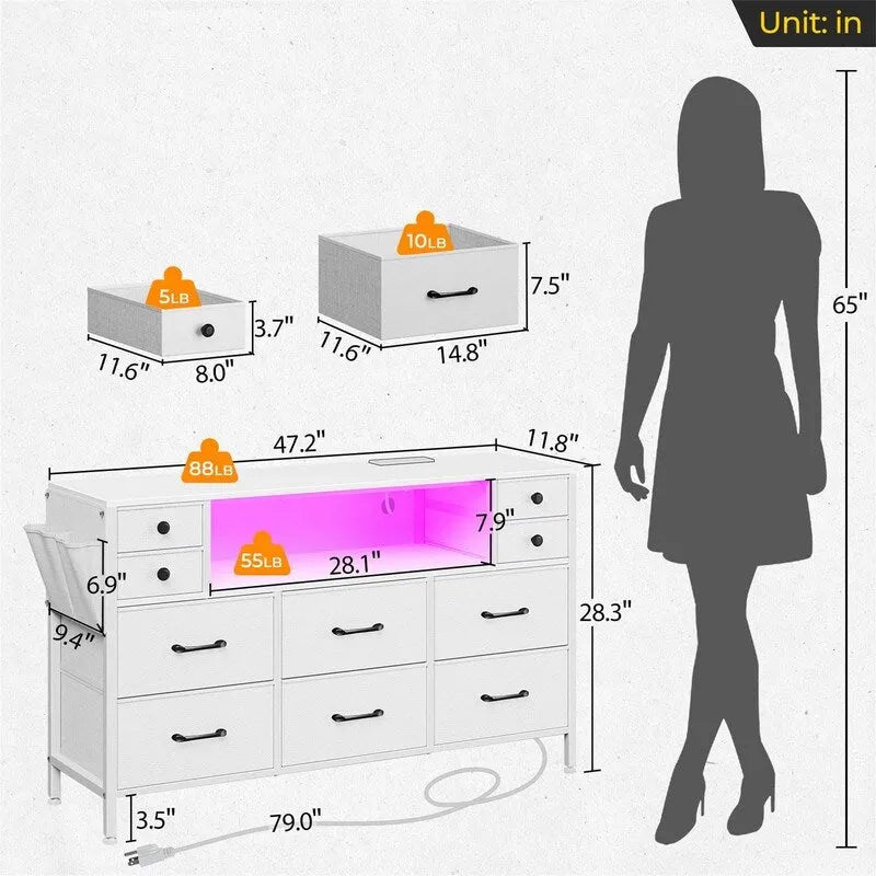 Cassettiera in tessuto nero/bianco a 10 cassetti con luci LED e prese di corrente – 1 persona