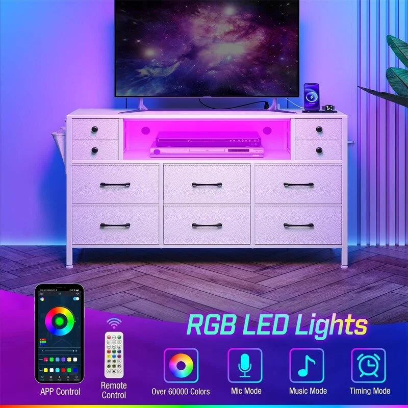 Cassettiera in tessuto nero/bianco a 10 cassetti con luci LED e prese di corrente – 1 persona