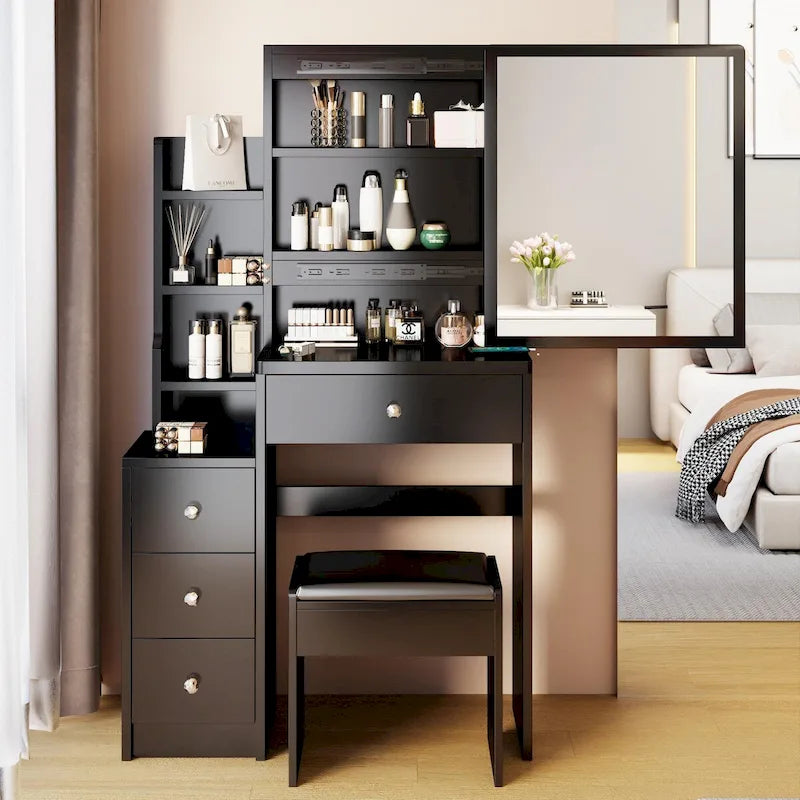 Set da toilette con specchio scorrevole e sgabello imbottito