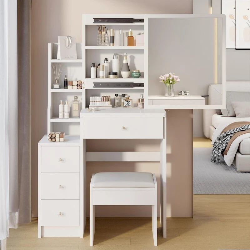 Set da toilette con specchio scorrevole e sgabello imbottito