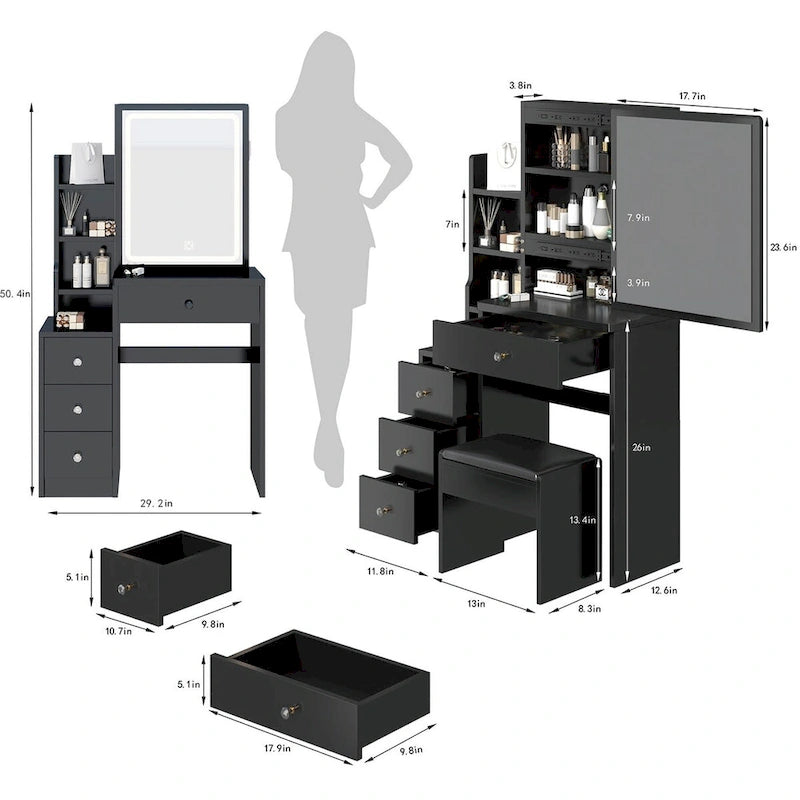 Set da toilette con specchio scorrevole e sgabello imbottito