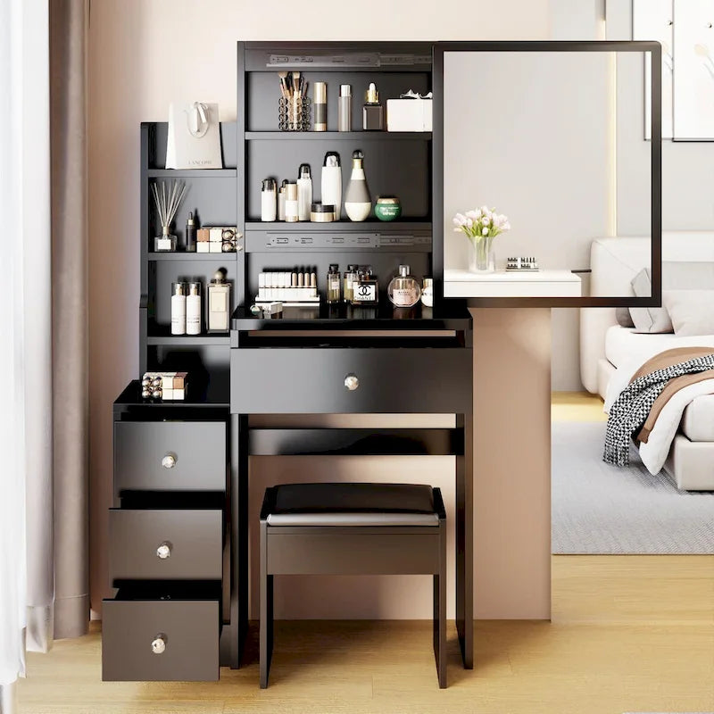 Set da toilette con specchio scorrevole e sgabello imbottito