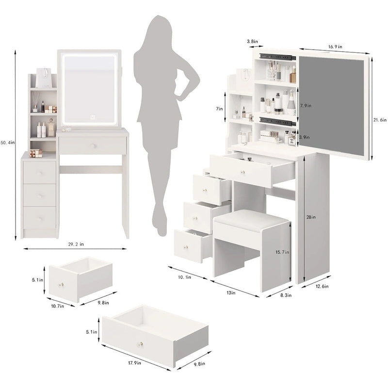Set da toilette con specchio scorrevole e sgabello imbottito