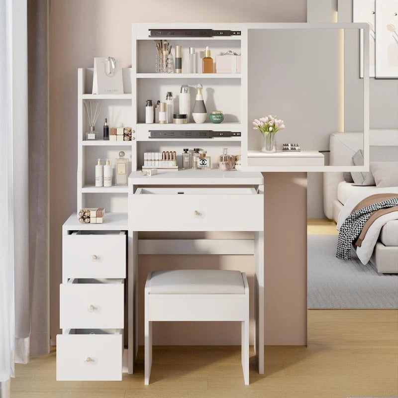 Set da toilette con specchio scorrevole e sgabello imbottito