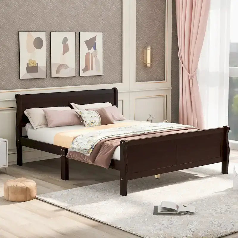 Letto a piattaforma matrimoniale in legno con testiera e pediera – Espresso / Bianco / Rovere, 1-2 posti letto