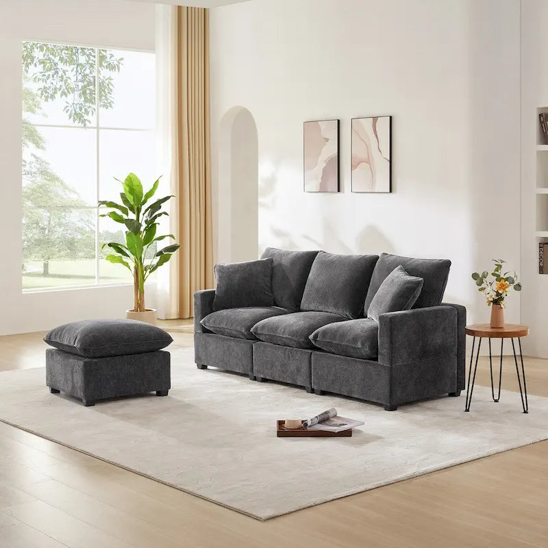 Divano Sezionale Modulare a 4 Posti in ciniglia Nero+Grigio / Bianco con Pouf e 2 Cuscini