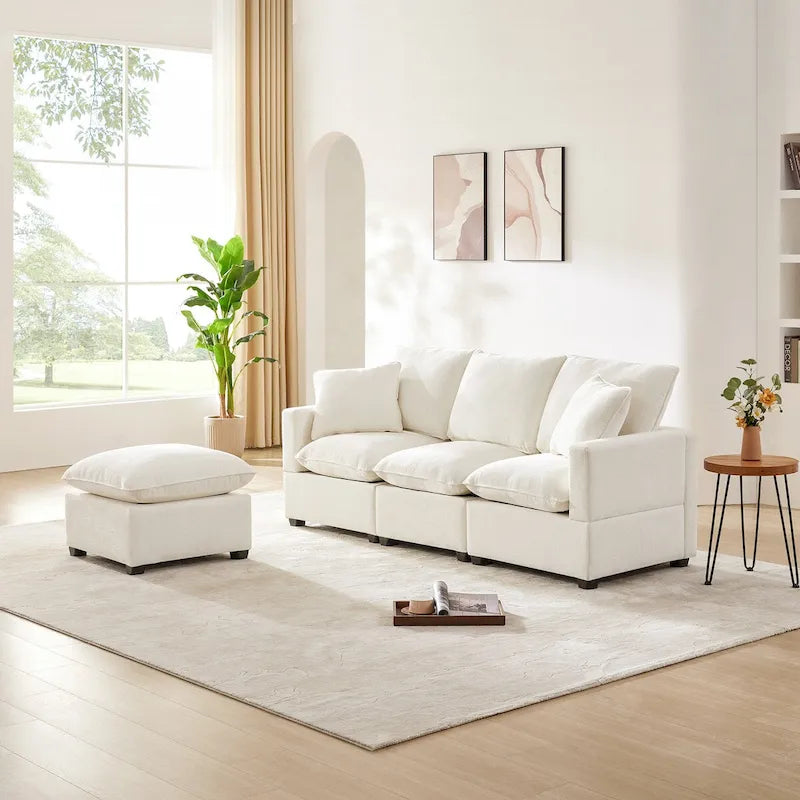 Divano Sezionale Modulare a 4 Posti in ciniglia Nero+Grigio / Bianco con Pouf e 2 Cuscini