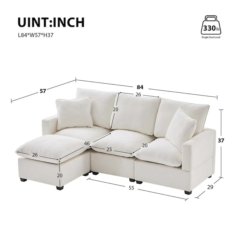 Divano Sezionale Modulare a 4 Posti in ciniglia Nero+Grigio / Bianco con Pouf e 2 Cuscini