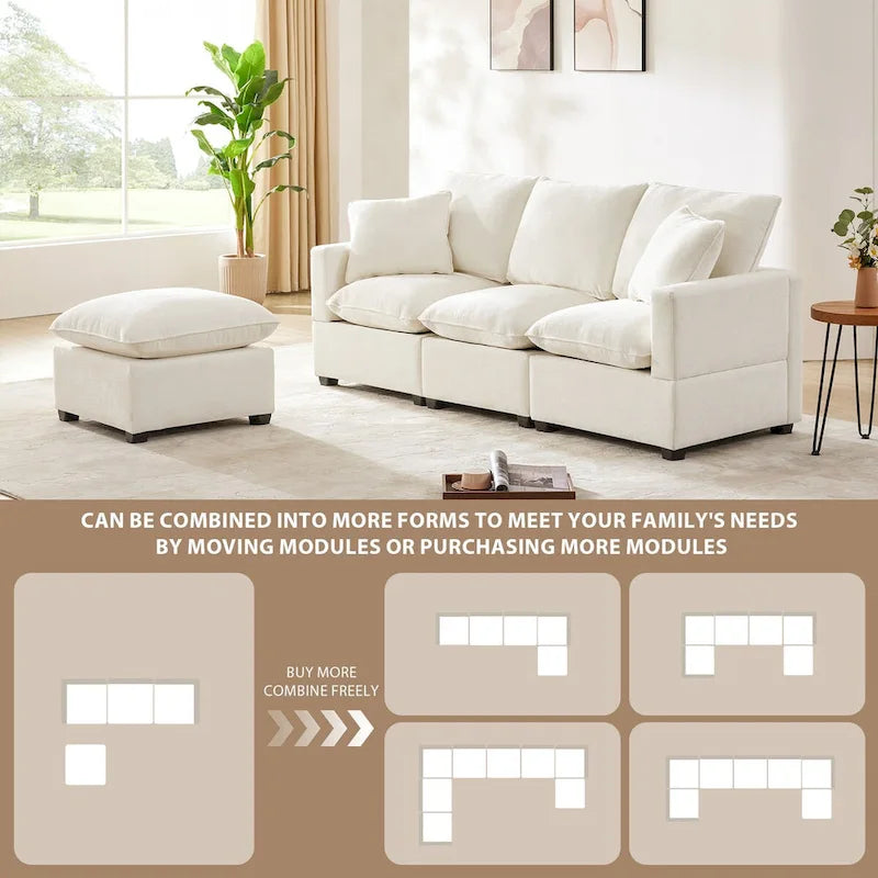 Divano Sezionale Modulare a 4 Posti in ciniglia Nero+Grigio / Bianco con Pouf e 2 Cuscini