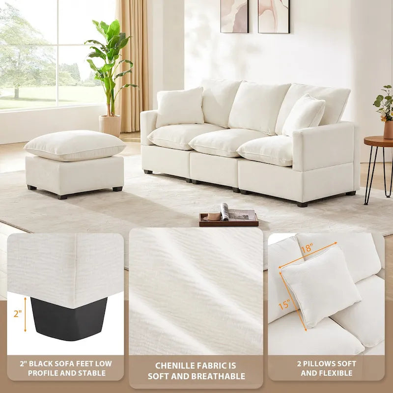 Divano Sezionale Modulare a 4 Posti in ciniglia Nero+Grigio / Bianco con Pouf e 2 Cuscini