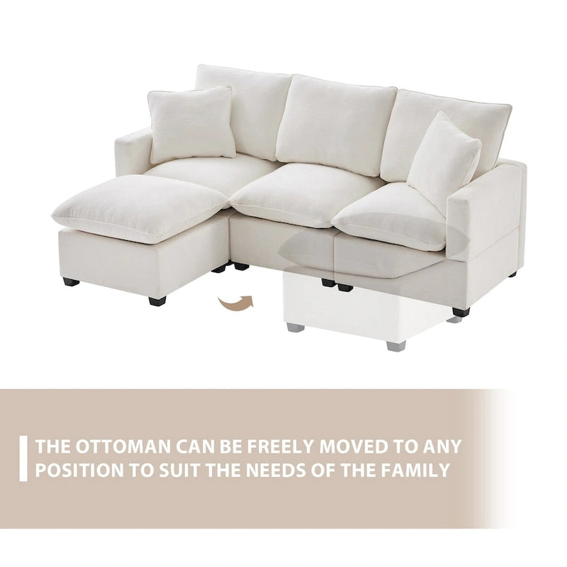Divano Sezionale Modulare a 4 Posti in ciniglia Nero+Grigio / Bianco con Pouf e 2 Cuscini