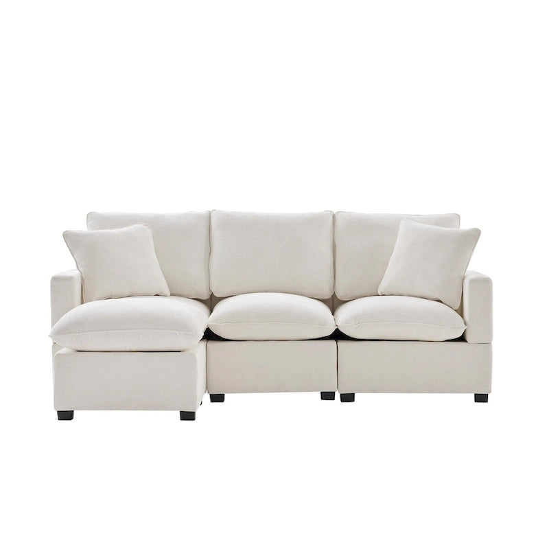 Divano Sezionale Modulare a 4 Posti in ciniglia Nero+Grigio / Bianco con Pouf e 2 Cuscini