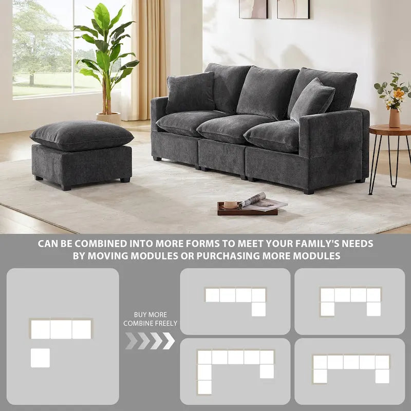 Divano Sezionale Modulare a 4 Posti in ciniglia Nero+Grigio / Bianco con Pouf e 2 Cuscini