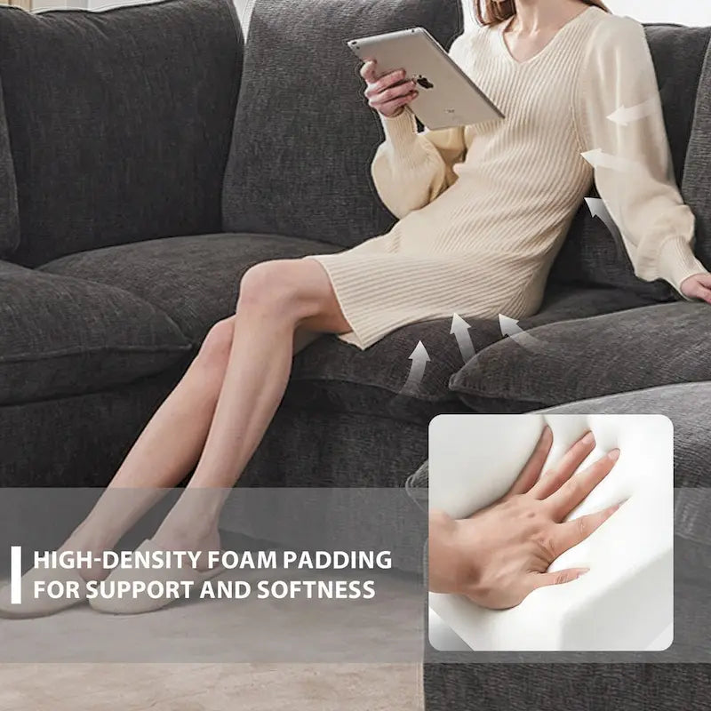 Divano Sezionale Modulare a 4 Posti in ciniglia Nero+Grigio / Bianco con Pouf e 2 Cuscini