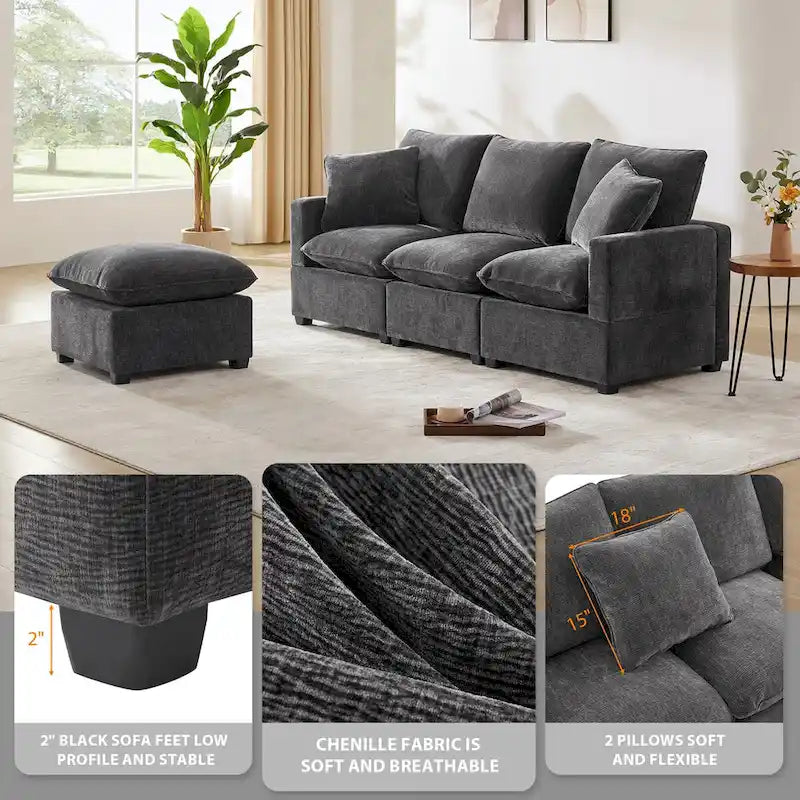 Divano Sezionale Modulare a 4 Posti in ciniglia Nero+Grigio / Bianco con Pouf e 2 Cuscini