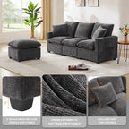 Divano Sezionale Modulare a 4 Posti in ciniglia Nero+Grigio / Bianco con Pouf e 2 Cuscini