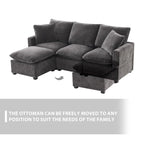 Divano Sezionale Modulare a 4 Posti in ciniglia Nero+Grigio / Bianco con Pouf e 2 Cuscini