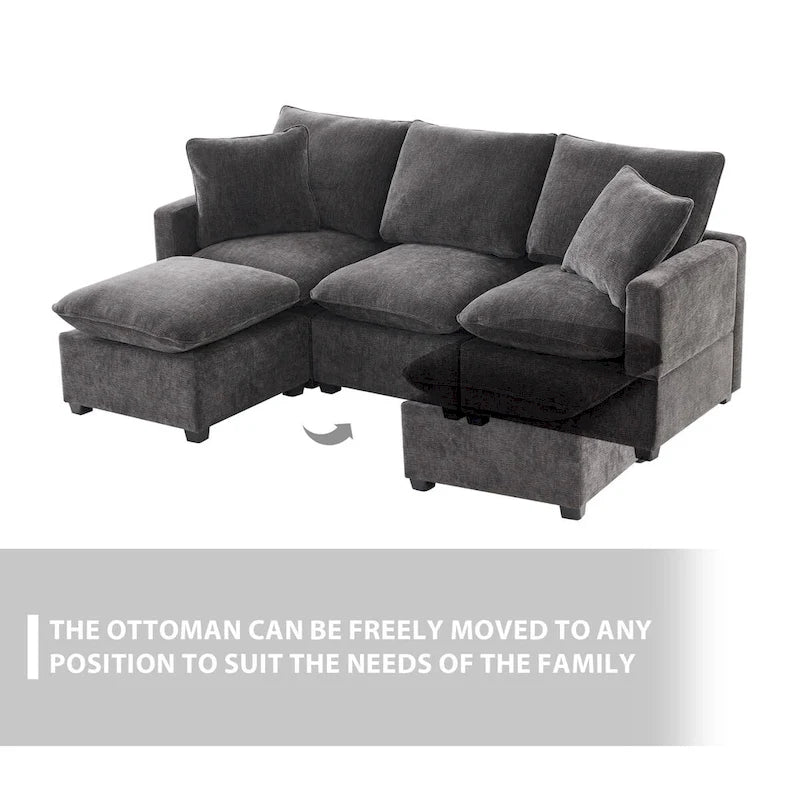 Divano Sezionale Modulare a 4 Posti in ciniglia Nero+Grigio / Bianco con Pouf e 2 Cuscini