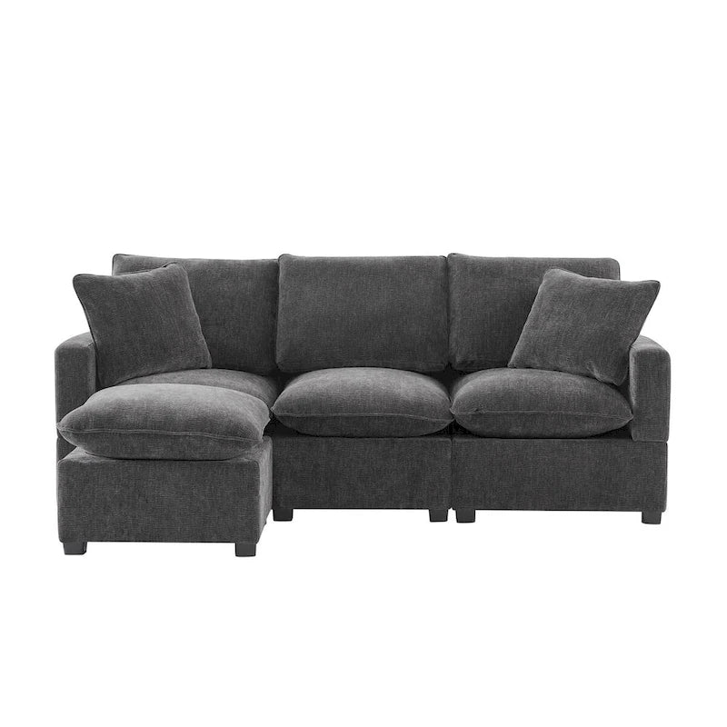 Divano Sezionale Modulare a 4 Posti in ciniglia Nero+Grigio / Bianco con Pouf e 2 Cuscini