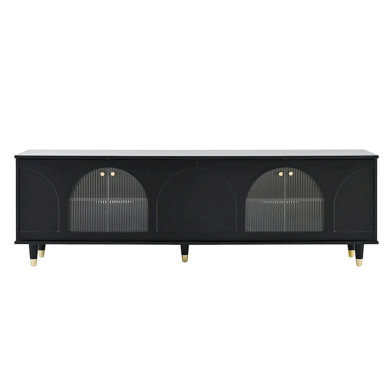Elegante mobile multimediale con maniglie dorate e ante in vetro scanalato ad arco