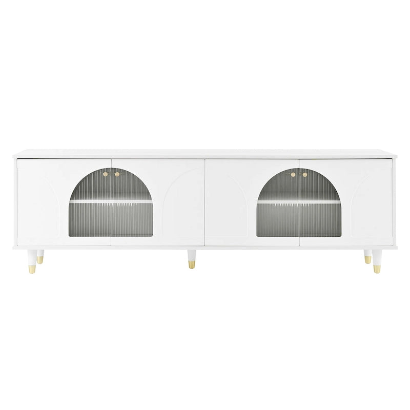 Elegante mobile multimediale con maniglie dorate e ante in vetro scanalato ad arco