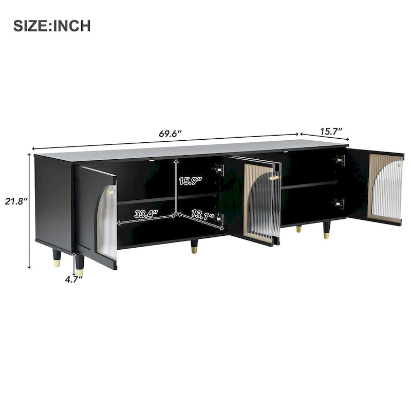 Elegante mobile multimediale con maniglie dorate e ante in vetro scanalato ad arco