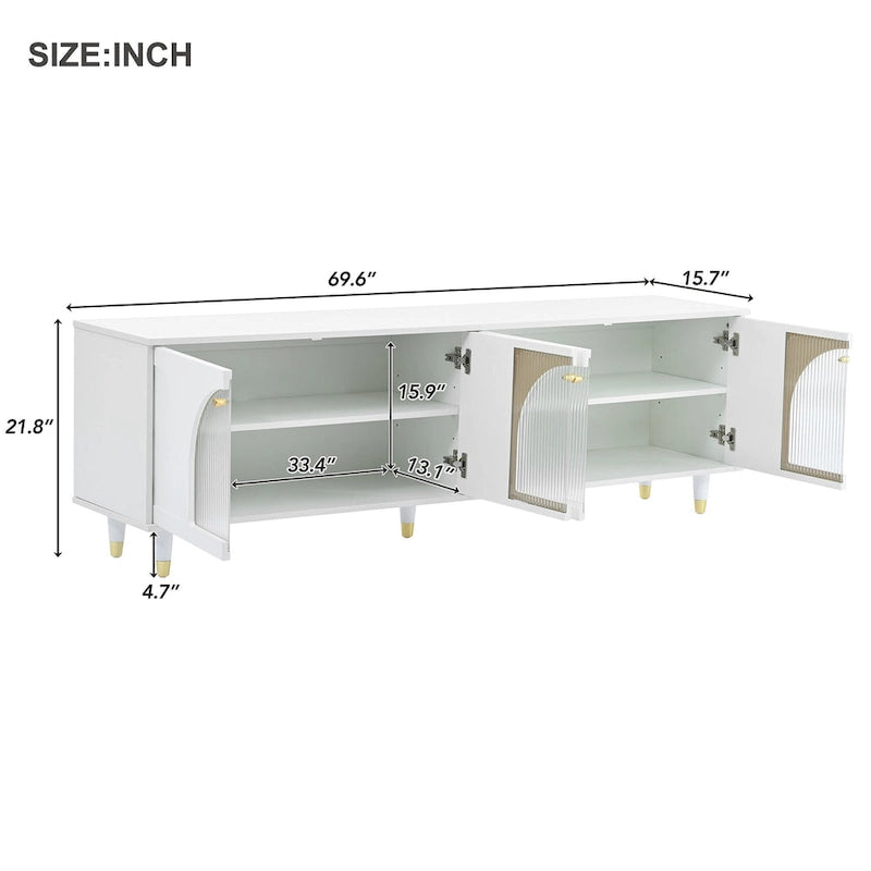 Elegante mobile multimediale con maniglie dorate e ante in vetro scanalato ad arco