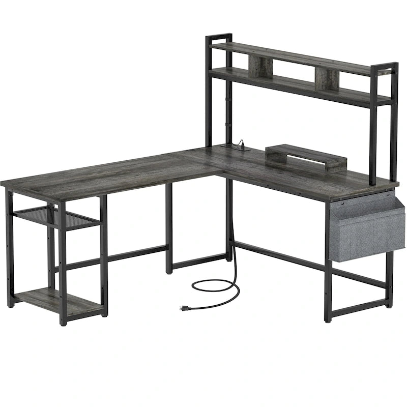 Scrivania da gioco a L in legno con ripiano e porta USB