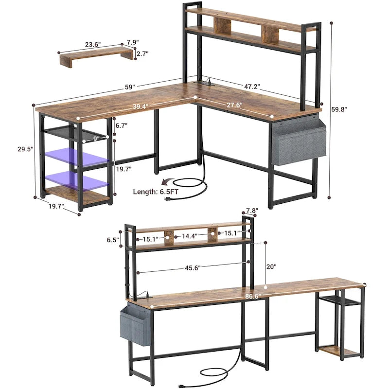 Scrivania da gioco a L in legno con ripiano e porta USB