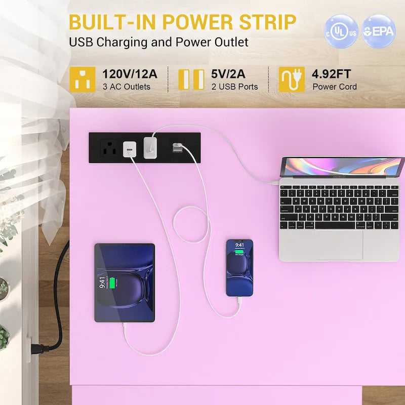 Scrivania da gioco a L in legno con ripiano e porta USB
