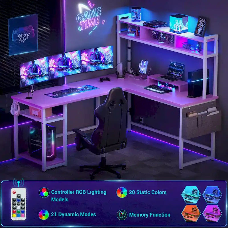 Scrivania da gioco a L in legno con ripiano e porta USB