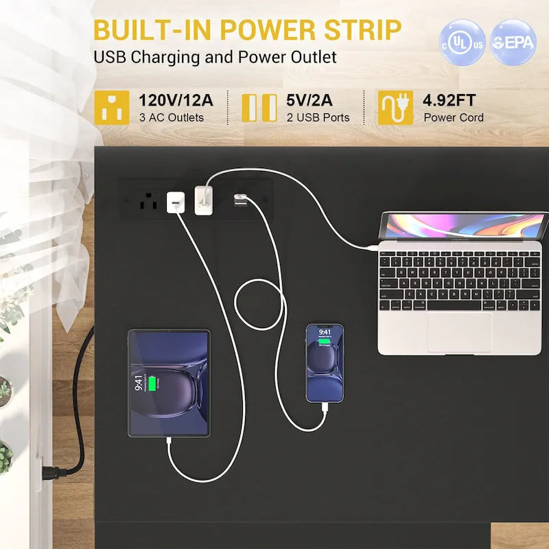 Scrivania da gioco a L in legno con ripiano e porta USB