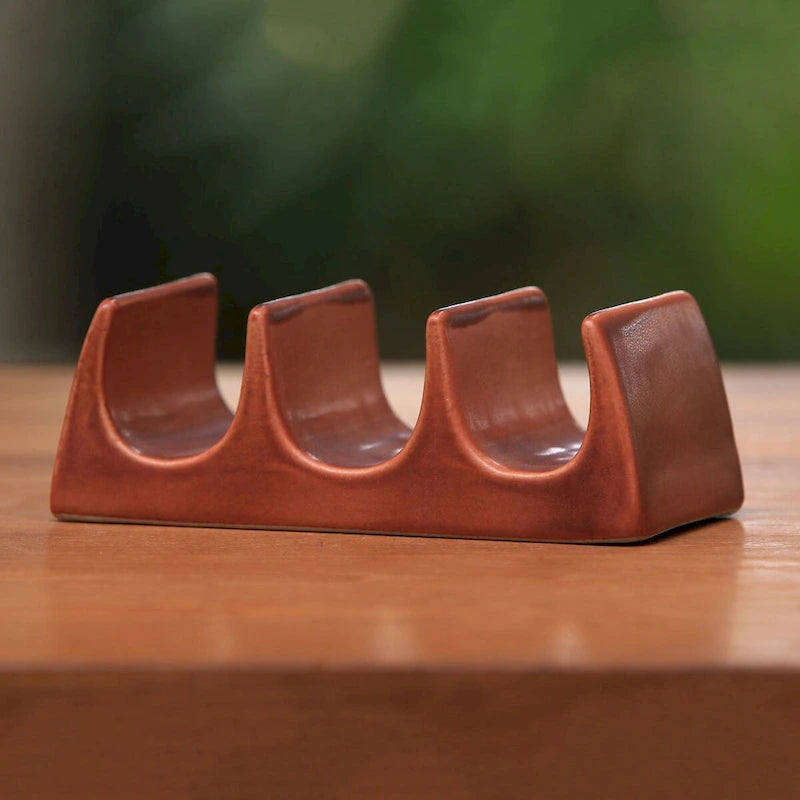 Porta Taco in Ceramica Marrone Smaltata, 3 Scomparti