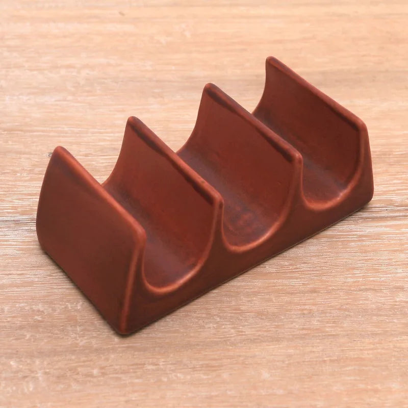 Porta Taco in Ceramica Marrone Smaltata, 3 Scomparti